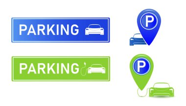 Araba park yeri elektrik ikonu seti. Beyaz arka planda park ve trafik işaretleri izole edilmiş. Harita parkedici. Vektör illüstrasyonu