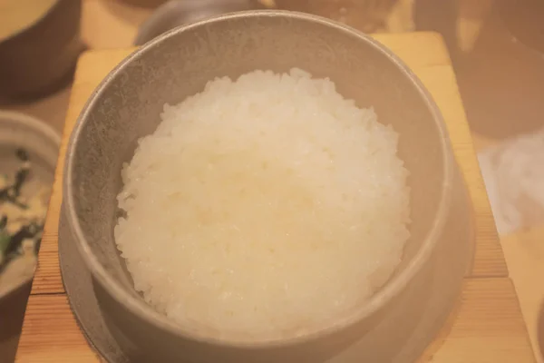 Rice Hot Bowl Black Wooden Floor — Stock Photo, Image