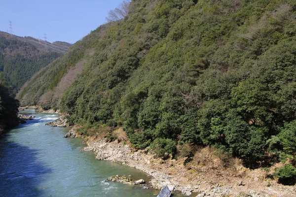 Ποταμός Από Ρομαντικό Τρένο Εκτός Κιότο Ιαπωνία — Φωτογραφία Αρχείου
