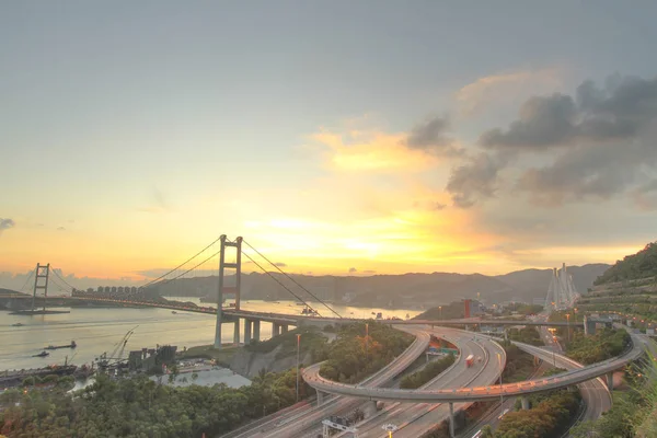 Schöne Tsing Brücke Bei Sonnenuntergang Hongkong — Stockfoto