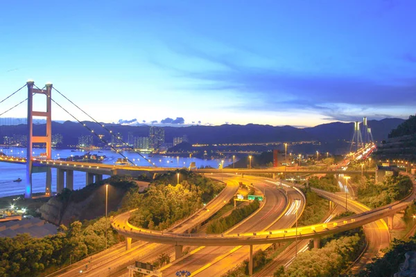 Bela Ponte Tsing Pôr Sol Hong Kong — Fotografia de Stock