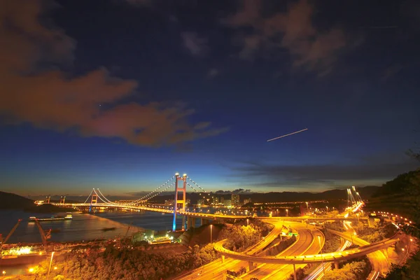 Dálniční Most Tsing Hong Kongu Noci — Stock fotografie