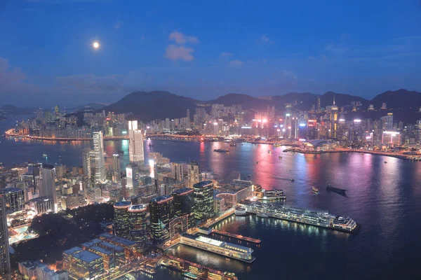 Skyline Hong Kong Notte Con Luna — Foto Stock