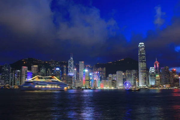 Hong Kong Işıklık Alacakaranlıkta Peyzaj Işık Cityscape Senfoni — Stok fotoğraf