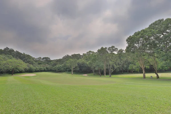 Μια Διαδρομή Καλάθι Fairway Γήπεδο Του Γκολφ Συννεφιά — Φωτογραφία Αρχείου