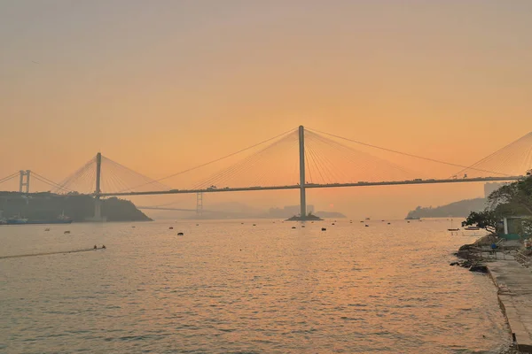 Ein Hong Kong Sonnenuntergang Mit Hängebrücke — Stockfoto