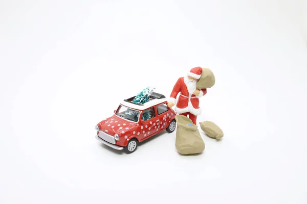 Santa Com Carro Uma Árvore Natal — Fotografia de Stock