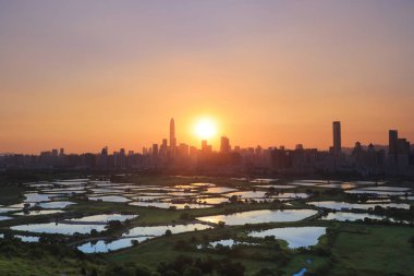 HK kırsal günbatımı, pirinç alan modern ofis binaları