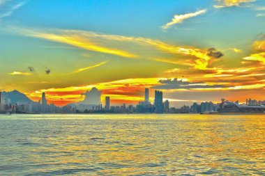 Hong Kong şehir skylin güneş batandı 2014