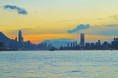 Hong Kong şehir skylin güneş batandı 2014