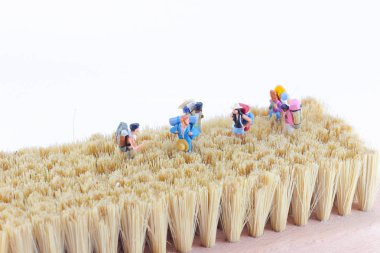 beyaz bir arka zemin üzerinde bir mini gezginler veya backpackers