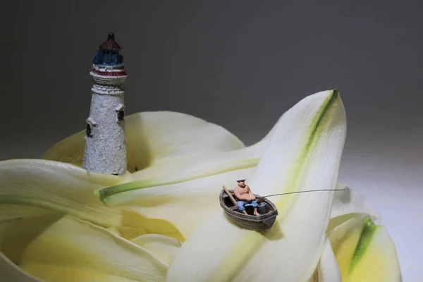 꽃 위에서 낚시를 하고 있는 작은 그림 — 스톡 사진