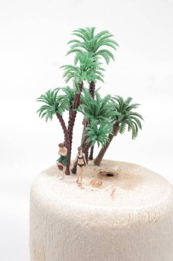 Mayo giyen minicik insanlar Hindistan cevizi meyvelerinde dinleniyorlar.