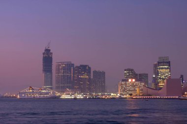 Geceleyin Wan Chai bölgesinden Hong Kong Viktorya Limanı. 30 Kasım 2007 