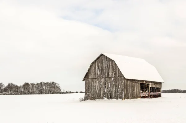 Neve fresca sul tetto del fienile e campi — Foto Stock