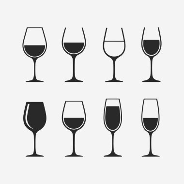 Bir dizi şarap kadehi Vektör İllüstrasyonu basitlik, zarafet ve tanınma kolaylığı üzerine odaklanır. Banner, Logos, Etiketler ve Simgeler için Vektör İşareti. Düz biçim tasarımı