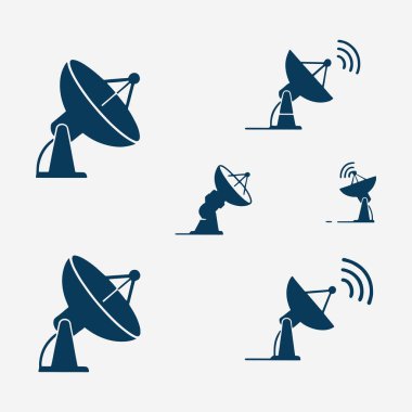 Uydu çanağı siluetleri, iletişim ve teknoloji için düz tasarım konsepti basitlik, zarafet ve tanıma kolaylığı üzerine odaklanır. Banner, Logos, Etiketler ve Simgeler için Vektör İşareti. Vektör İllüstrasyonu