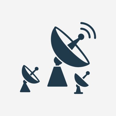 Uydu çanağı siluetleri, iletişim ve teknoloji için düz tasarım konsepti basitlik, zarafet ve tanıma kolaylığı üzerine odaklanır. Banner, Logos, Etiketler ve Simgeler için Vektör İşareti. Vektör İllüstrasyonu