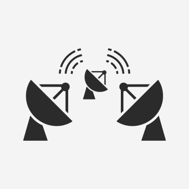 Uydu çanağı siluetleri, iletişim ve teknoloji için düz tasarım konsepti basitlik, zarafet ve tanıma kolaylığı üzerine odaklanır. Banner, Logos, Etiketler ve Simgeler için Vektör İşareti. Vektör İllüstrasyonu