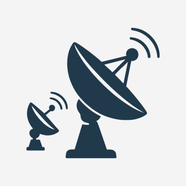 Uydu çanağı siluetleri, iletişim ve teknoloji için düz tasarım konsepti basitlik, zarafet ve tanıma kolaylığı üzerine odaklanır. Banner, Logos, Etiketler ve Simgeler için Vektör İşareti. Vektör İllüstrasyonu