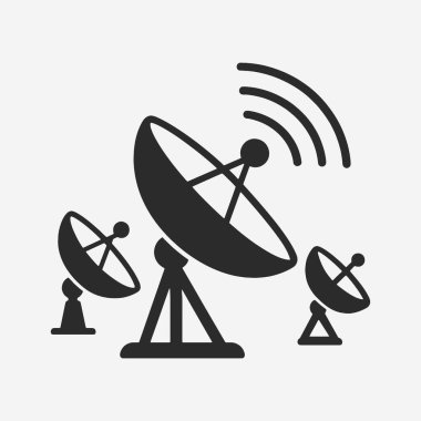 Uydu çanağı siluetleri, iletişim ve teknoloji için düz tasarım konsepti basitlik, zarafet ve tanıma kolaylığı üzerine odaklanır. Banner, Logos, Etiketler ve Simgeler için Vektör İşareti. Vektör İllüstrasyonu