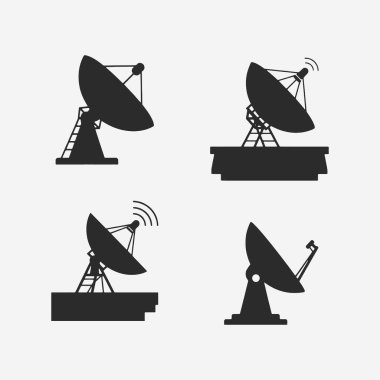 Uydu çanağı siluetleri, iletişim ve teknoloji için düz tasarım konsepti basitlik, zarafet ve tanıma kolaylığı üzerine odaklanır. Banner, Logos, Etiketler ve Simgeler için Vektör İşareti. Vektör İllüstrasyonu