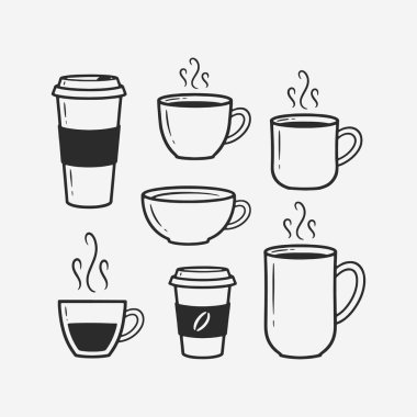 Bir kahve fincanı ve kupa koleksiyonu için düz tasarım konsepti basitlik, zarafet ve tanınma kolaylığı üzerine odaklanır. Banner, Logos, Etiketler ve Simgeler için Vektör İşareti.