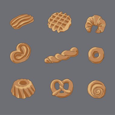 Tatlı hamur işleri. Fırın ürünleri. Fırın menüsünün tasarımı için öğeler. Şekerleme. Bun, pretzel, waffle, croissant, donut, eclair, baguette.