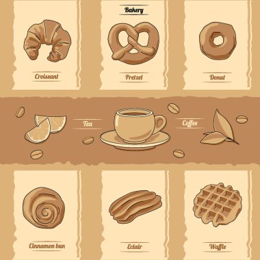 Tatlı hamur işleri. Fırın ürünleri. Kahve dükkanı menüsünün tasarımı için elementler. Şekerleme ambalajı. Kahve. Sıcak içecekler çay, kahve. Bun, pretzel, waffle, croissant, donut, eclair.