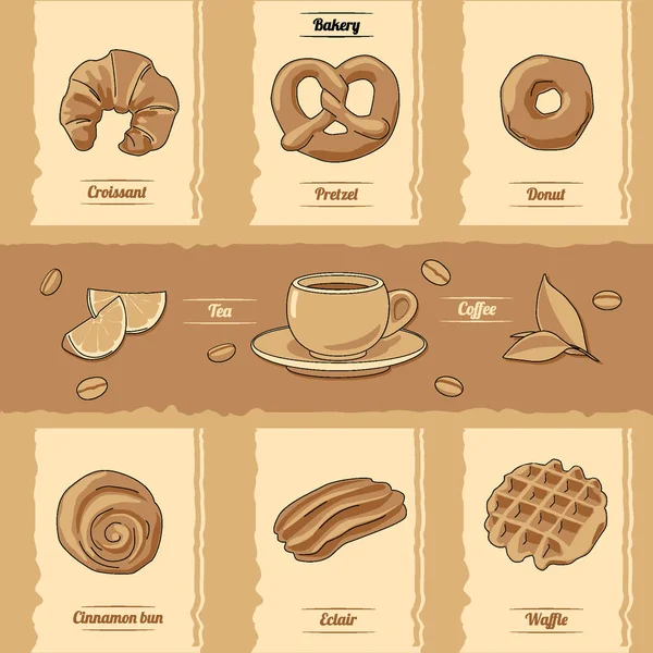 Tatlı hamur işleri. Fırın ürünleri. Kahve dükkanı menüsünün tasarımı için elementler. Şekerleme ambalajı. Kahve. Sıcak içecekler çay, kahve. Bun, pretzel, waffle, croissant, donut, eclair.