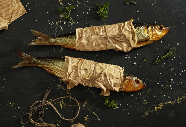 Smoked Mackerel Black Background — Stock Photo, Image