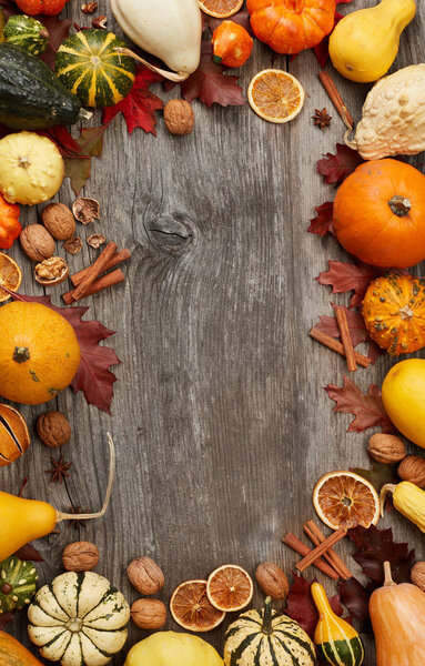 Pumpkins on wood background
