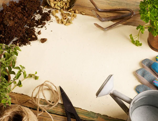 Blank Page Gardening Equipment Wood — Stock Photo, Image