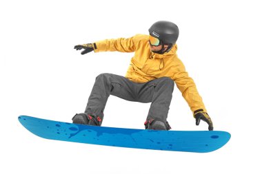 Genç snowboard üzerinde beyaz izole