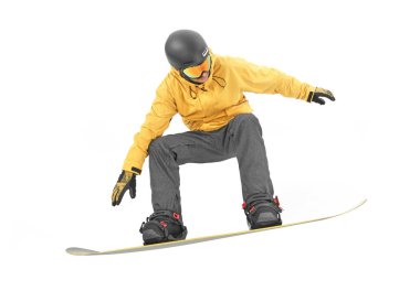 Genç snowboard üzerinde beyaz izole