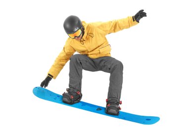 Genç snowboard üzerinde beyaz izole