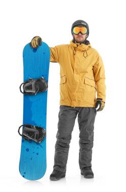 Genç snowboard üzerinde beyaz izole