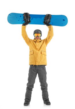 Genç snowboard üzerinde beyaz izole