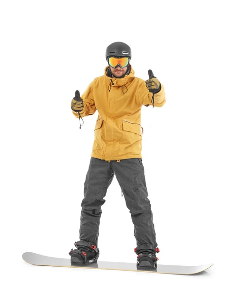 Genç Snowboard Üzerinde Beyaz Izole — Stok fotoğraf