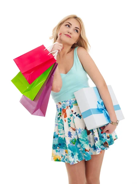 购物女孩与购物袋查出在白色 — 图库照片