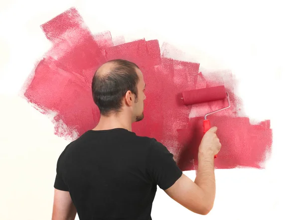 Allegro Uomo Che Dipinge Muro — Foto Stock