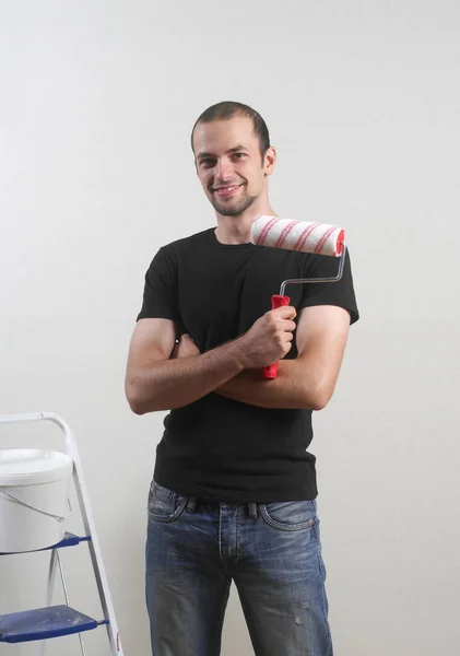 Cheerful Man Painting Wall — Stock Photo, Image