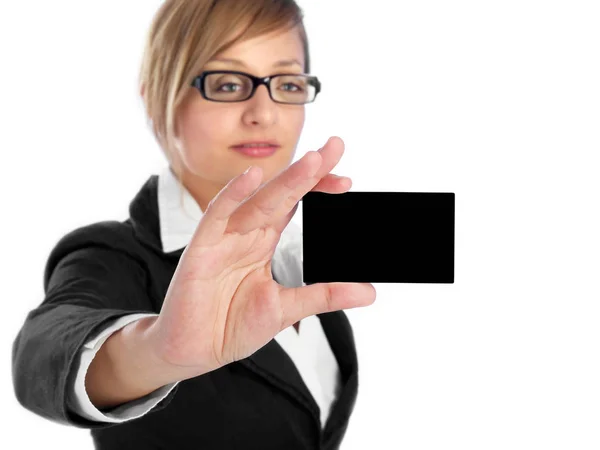 Mulher Mostrando Seu Cartão Visita — Fotografia de Stock