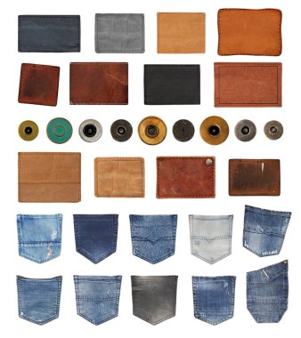 Jeans labels, back pockets and buttons isolated clipart
