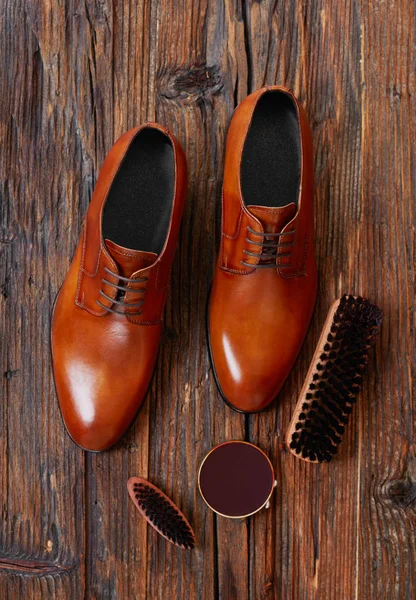 Men Leather Shoes Care Products Wood — Stock Photo, Image