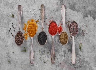 Çok renkli baharatlar ile Kaşıklar