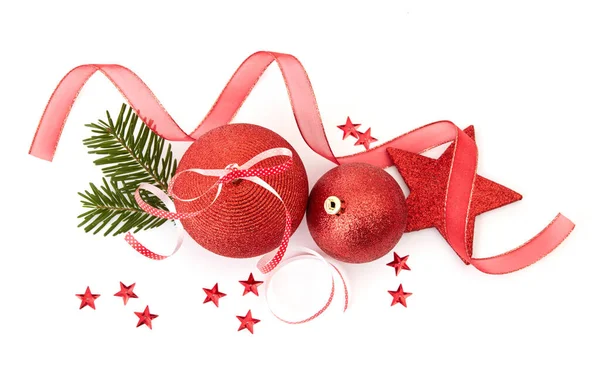 Adornos de Navidad con cinta y rama de abeto —  Fotos de Stock