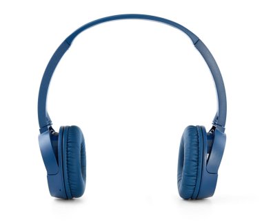 Beyaz arkaplanda taşınabilir mavi kulaklıklar