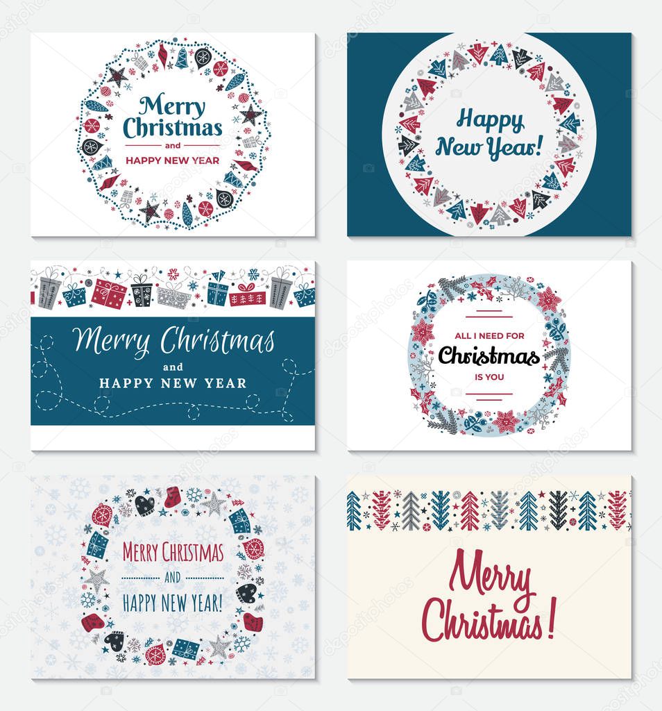 Set of Christmas greeting card in trendy Scandinavian style. Happy New year and Merry Christmas inscription. Round and square holiday frame. Vector illustration.