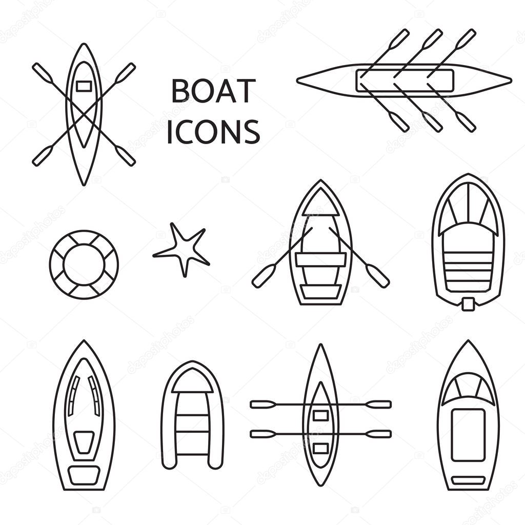 Boat icons outline set. Top view of kayak, vessel, ship, canoe and dinghy, inflatable fishing. Contour pictograms of cruise, coast guard, oar and passenger boats. Vector illustration.